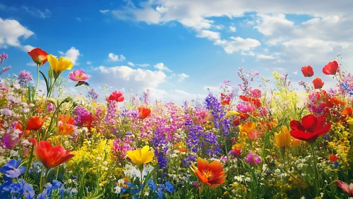 Wildflower Meadow Blooming Against Bright Blue Sky.