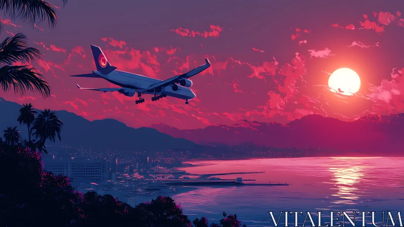 Digital sunset aviation scene with coastal city silhouette.