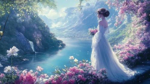 Bridal figure overlooks luminous alpine lake in floral bloom