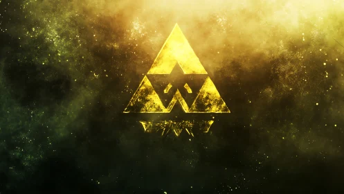 Celestial triangle sigil glowing in stormy cosmic dust.
