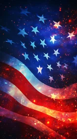 American flag glows with cosmic sparks in a vivid night sky