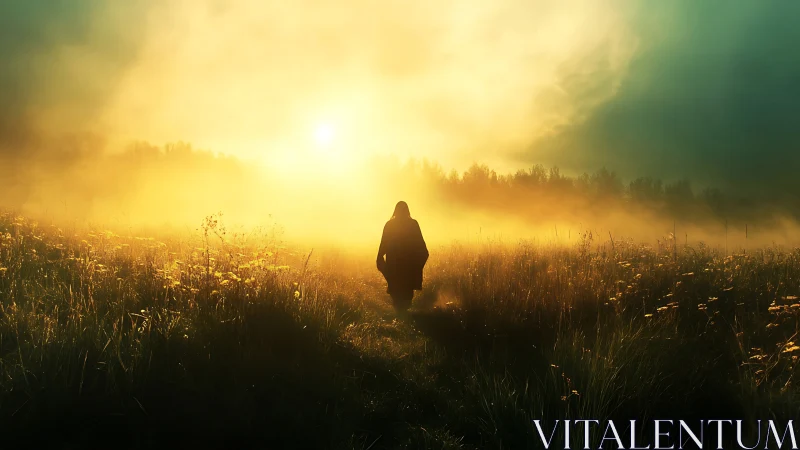 Solitary figure walks into glowing sunrise mist over meadow.