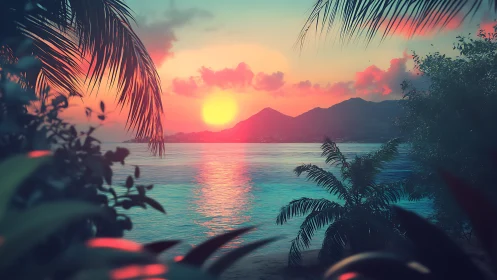 Neon-lit tropical sunset bay with silhouetted palms and soft haze