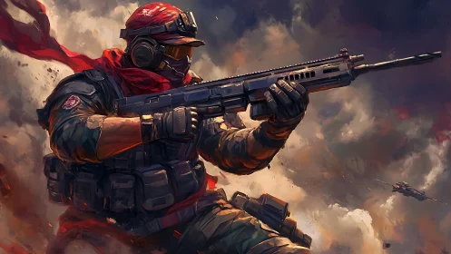 Armored soldier aiming rifle in a smoky battlefield scene.