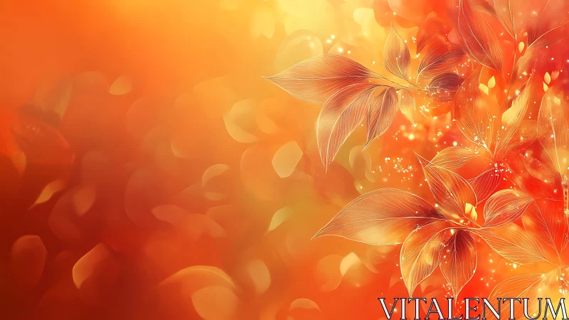 Warm orange floral digital background with glowing leaves.