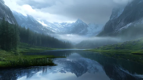 Misty alpine lake mirrors dramatic snowcapped mountain range