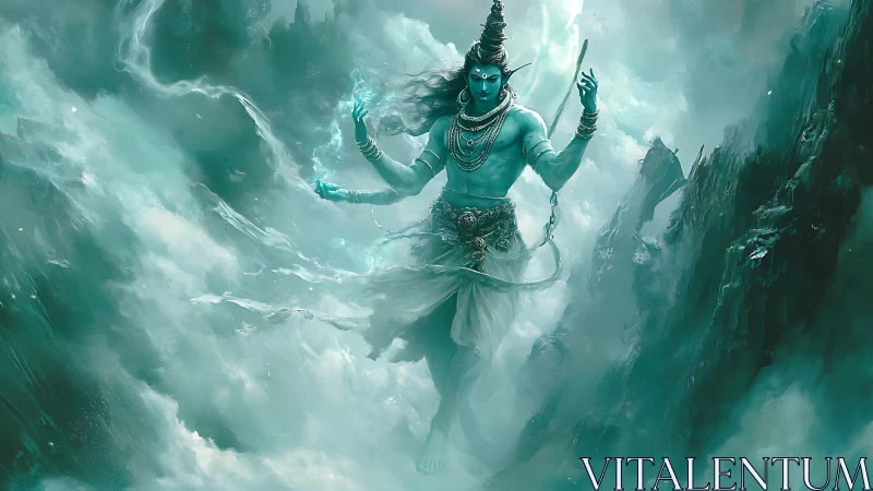 Divine blue deity levitates amid volumetric clouds and jagged cliffs