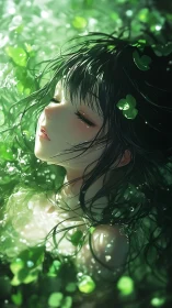 Forest water nymph with clover leaves in glowing light.