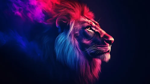 Neon side profile of lion head on dark gradient background.