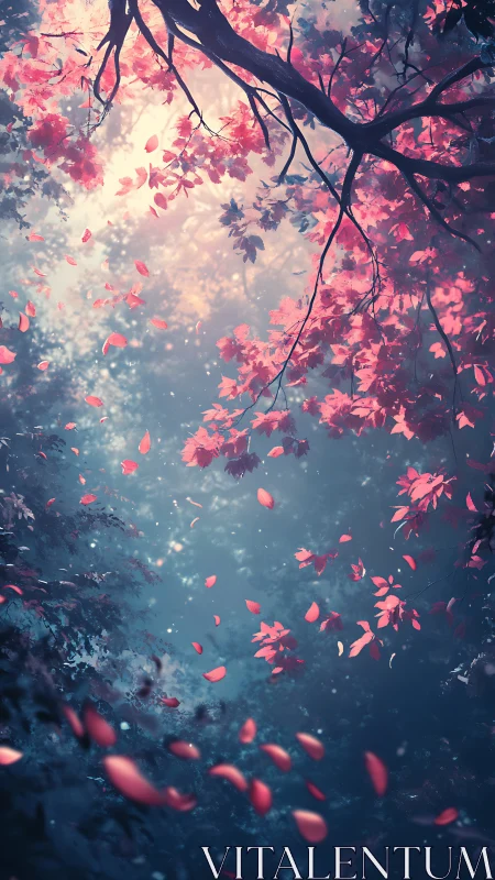 Soft twilight canopy with drifting blush-pink leaves.
