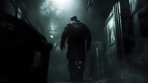 Solitary figure in dark industrial alleyway at night.