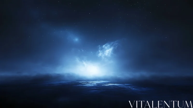 Moonlit ocean horizon under deep starry midnight sky.