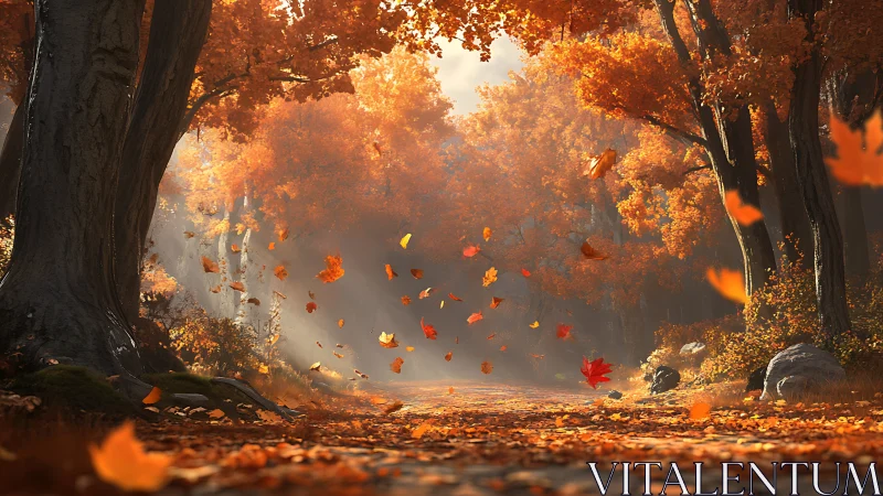 Autumn forest path glows as swirling leaves catch soft light.