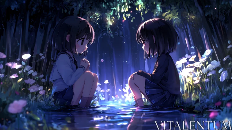 Moonlit forest stream with two reflective anime children.