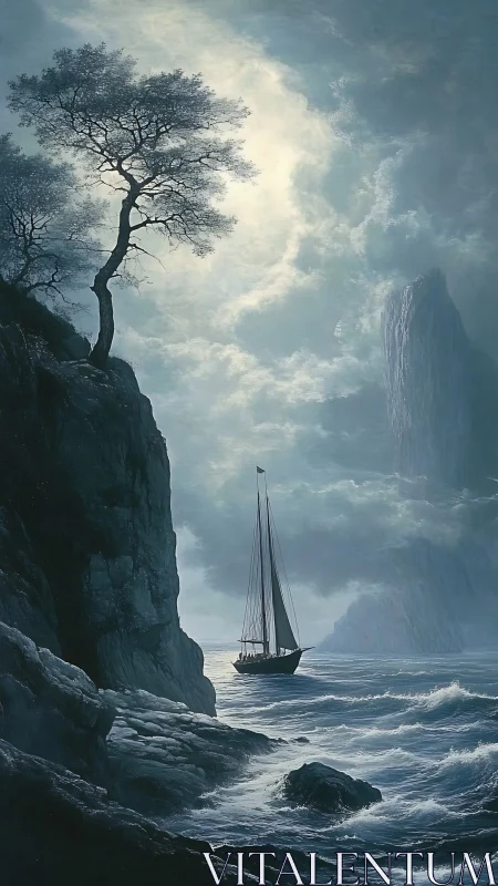 Moonlit sailing boat cuts through stormy coastal waves