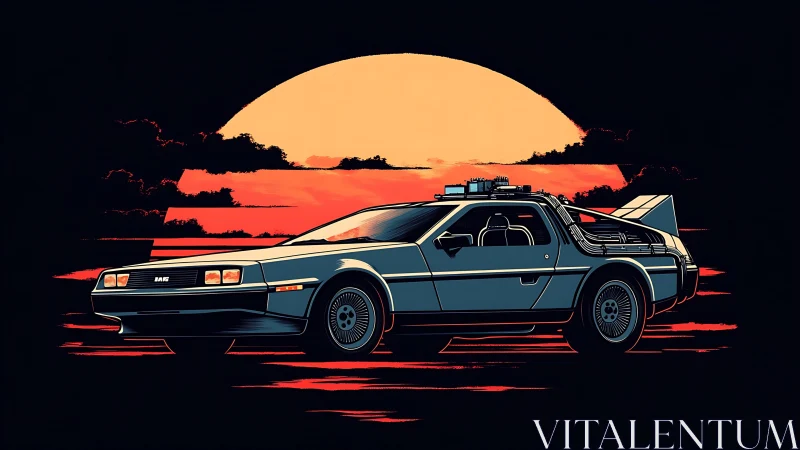 Retro time-travel car illustration under neon sunset.