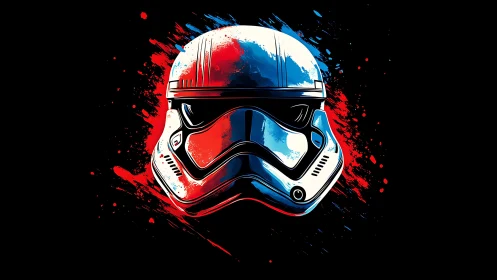 Stormtrooper helmet with neon splatter glow on black field.