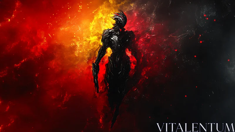 Shadow warrior figure emerges through molten red void