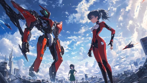 Giant urban mecha confronts pilot in red exosuit under stratiform sky