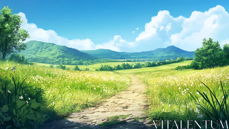 Sunlit stone path crosses windblown meadow toward layered hillsides