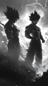 Two muscular figures stand in monochrome, backlit by clouds