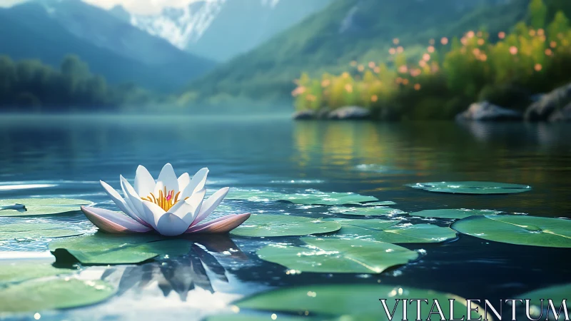 Mountain lake daydream with a lone star-bright waterlily.