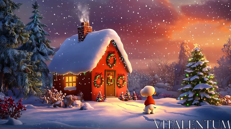 Snowlit festive cottage with cartoon dog in winter dusk.