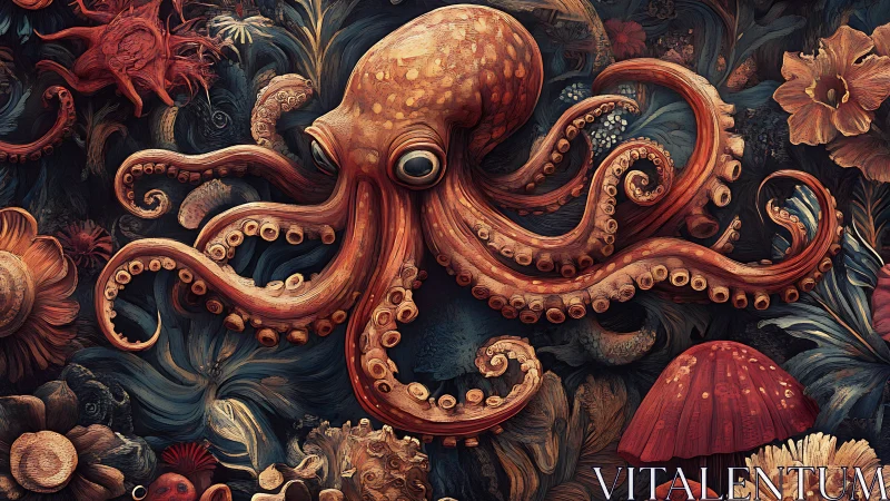 Orange octopus amid dense coral reef and sea flora.