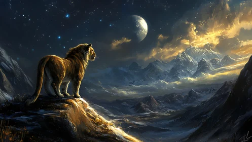 Lone lion gazes over moonlit mountains and starlit sky.