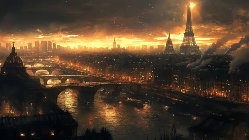Digital painting of neo-noir Paris skyline at infernal dusk.