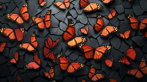 Monarch butterflies over dark slate stone mosaic surface.