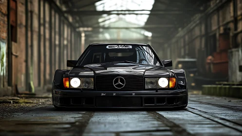 Lowered black Mercedes coupe parked inside abandoned warehouse