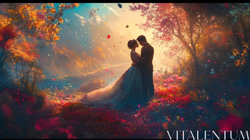 Couple in bloom-laden landscape beneath golden sunset sky.