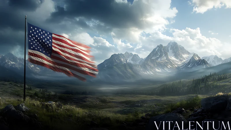 Stars and stripes breathe across thunder-lit alpine kingdom.