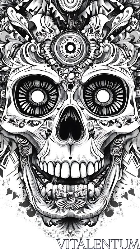 Ornate monochrome skull illustration with intricate linework symmetry