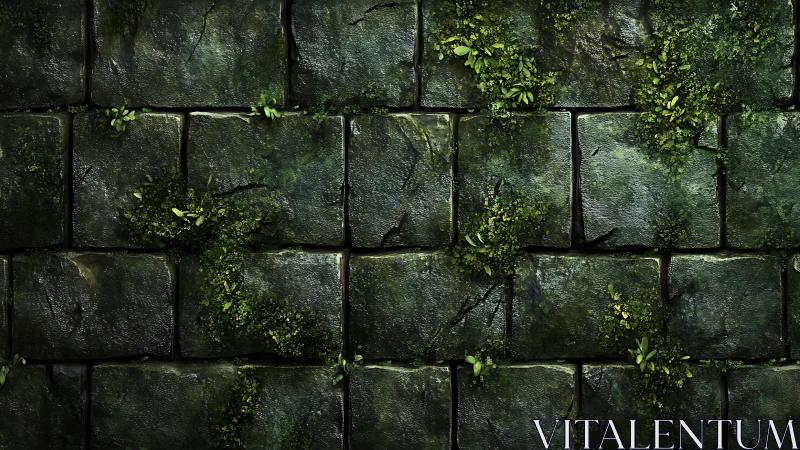 Weathered mossy stone wall with lush creeping foliage.