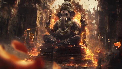Fire crowned elephant deity thrones amid molten temple ruins.