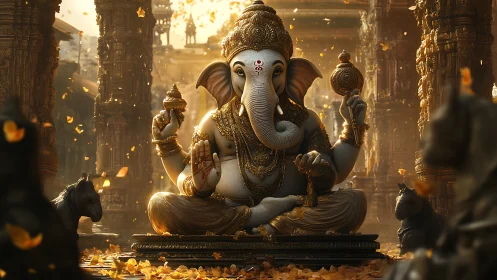 Golden Ganesha statue glows amid ornate temple columns.