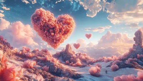 Heart-shaped clouds drift through surreal desert landscape.