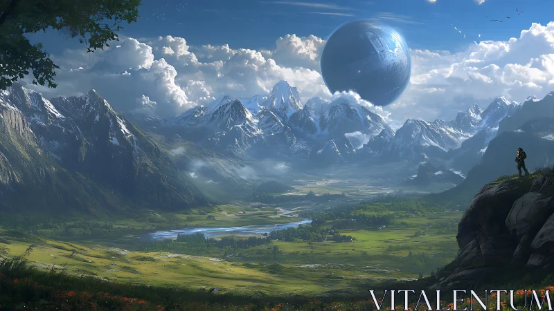 Explorer surveys alien valley beneath colossal orbiting sphere