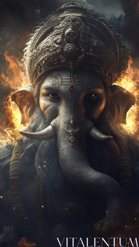 Majestic elephant deity stands amid swirling sacred flames