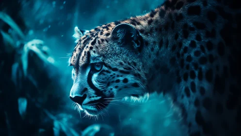 Snow Leopard Portrait in Turquoise Light.