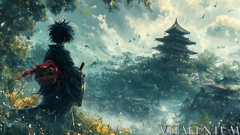 Young wanderer greeting a misty temple in painted dawn.