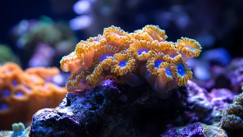 Macro view shows fluorescent coral polyps on reef substrate