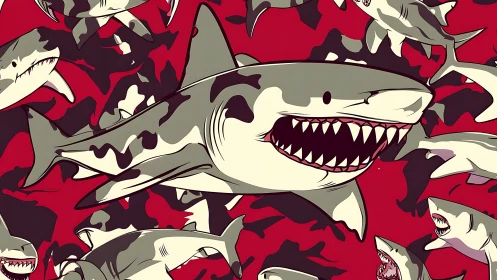 Multiple stylized sharks overlap on a red patterned field