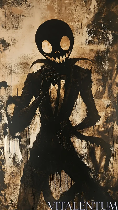 Shadowy grinning figure dominates distressed sepia backdrop