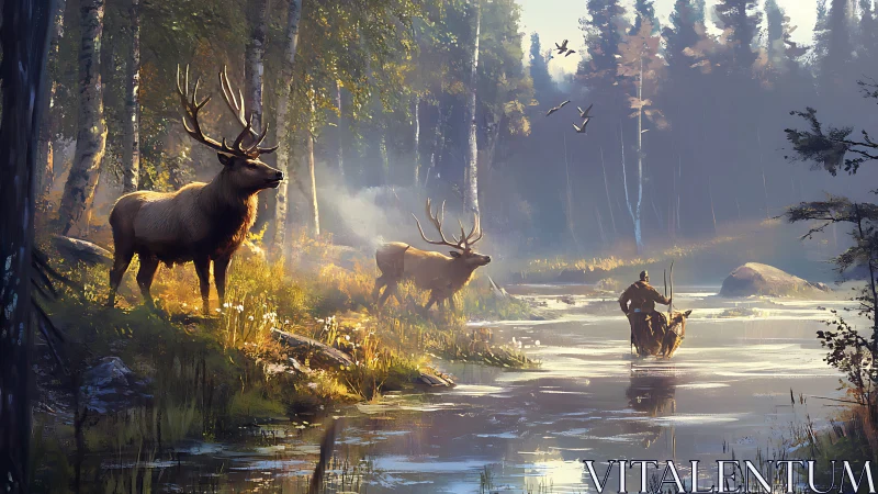 Stag herd confronts river hunter in misty sunrise forest