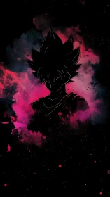 Silhouetted anime warrior emerges through neon cosmic smoke.