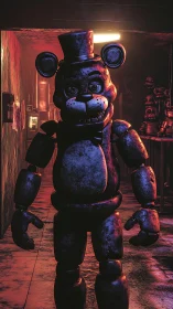 Midnight animatronic sentinel stalks neon‑lit hallway.