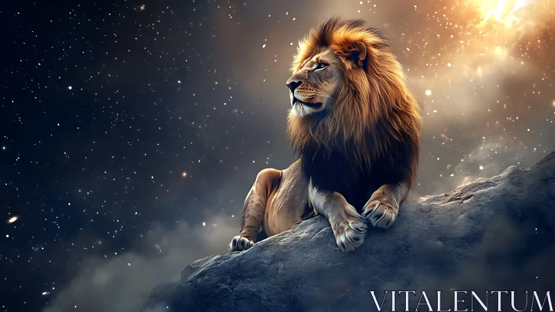Majestic lion resting on rocky ledge under cosmic sky.